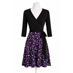 Leota Wrap Dress Geometric Print Black Purple 3/4 Sleeve Made USA Size L